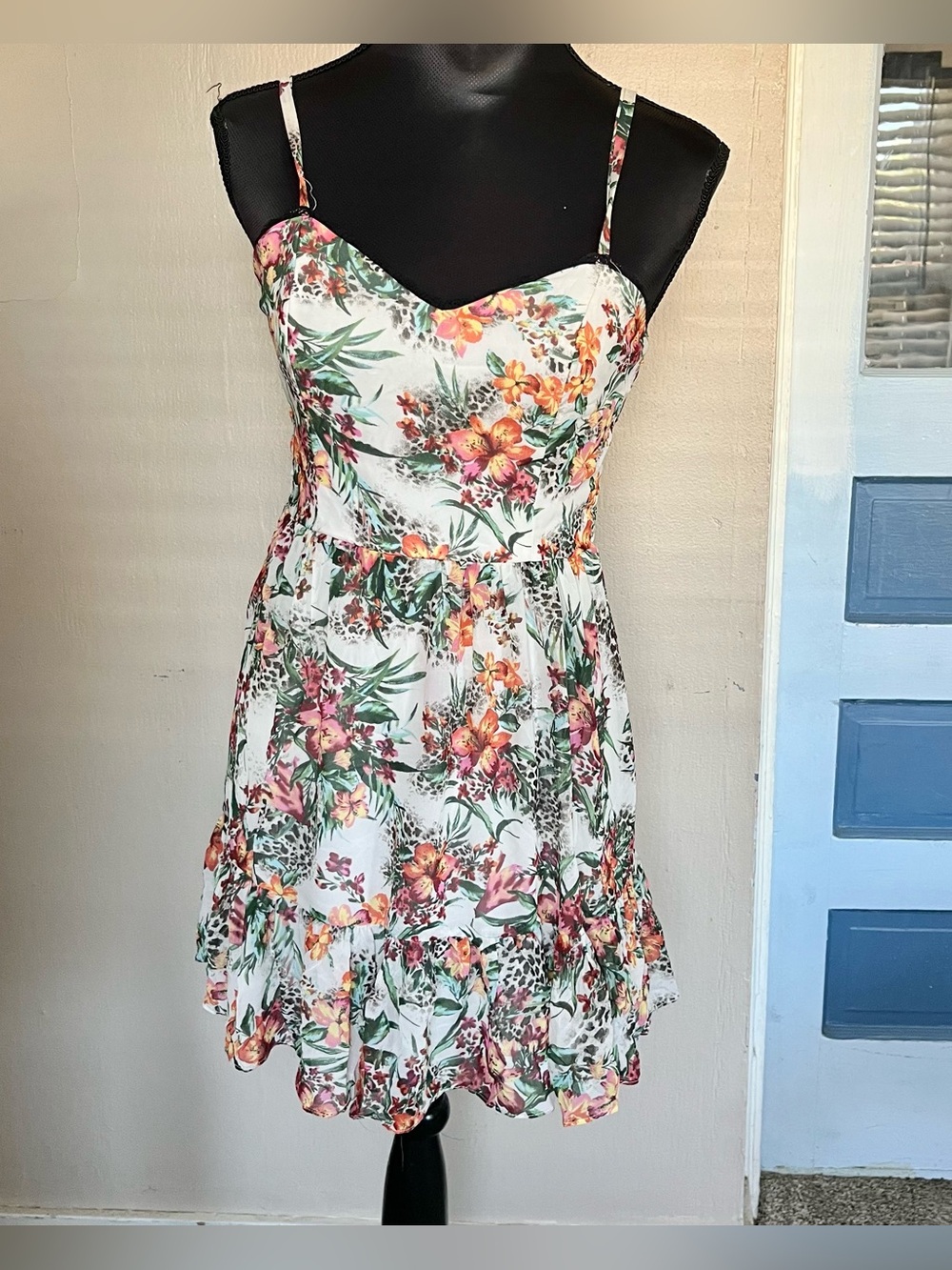 2000s Forever 21 floral leopard print mini dress with tie up strings whimsy goth